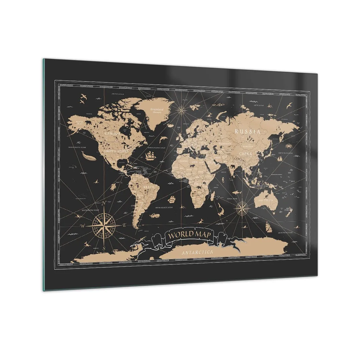 Obraz na skle - Štylizovaná mapa sveta v odtieňoch béžovej a čiernej - 70x50cm - Hranice môjho sveta - Moderná nástenná dekorácia do obývacej izby a spálne ARTTOR