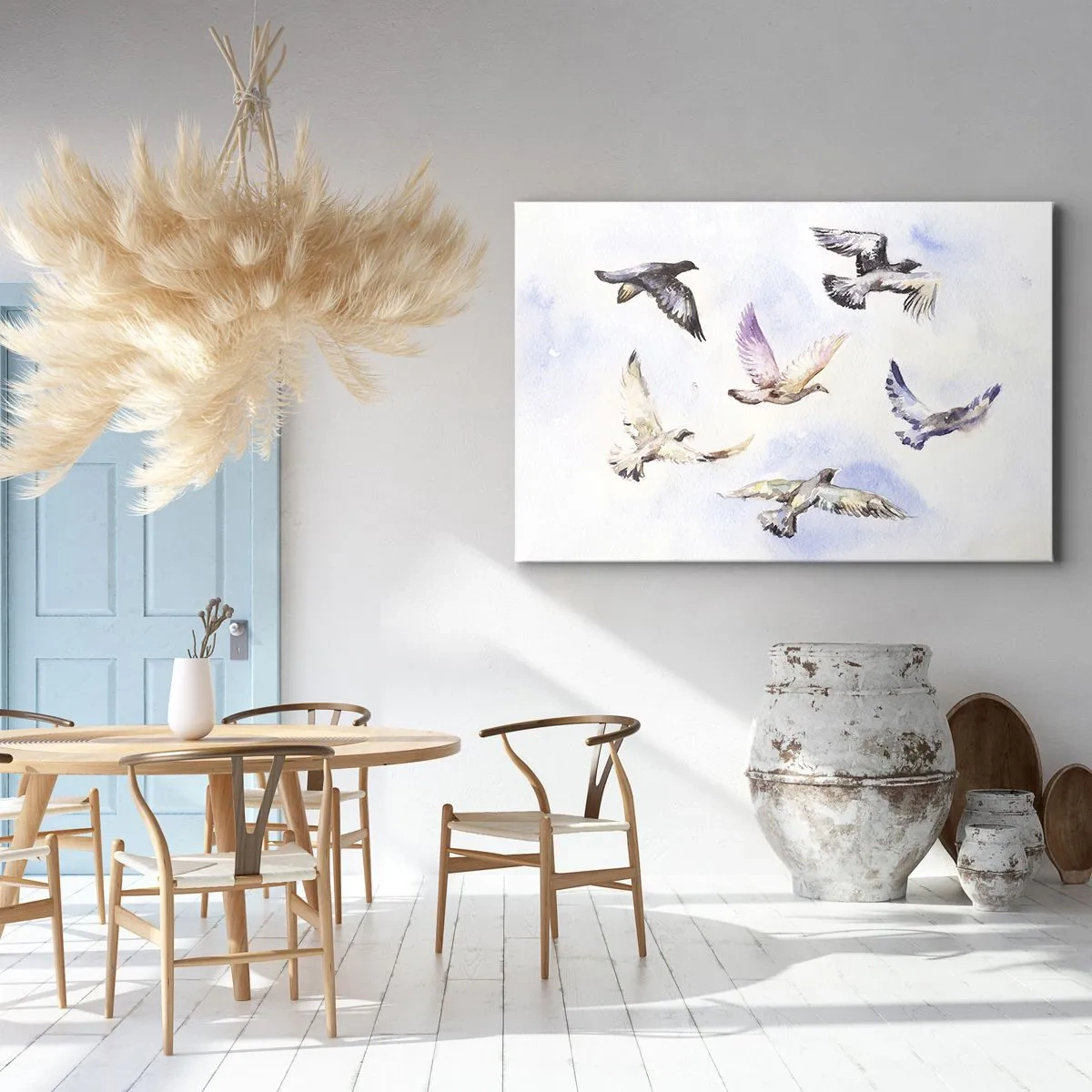 Obraz na plátne - Akvarelové vtáky za letu proti jemnej oblohe - 70x50cm - Sloboda v šedej a modrej - Moderná nástenná dekorácia do obývacej izby a spálne ARTTOR