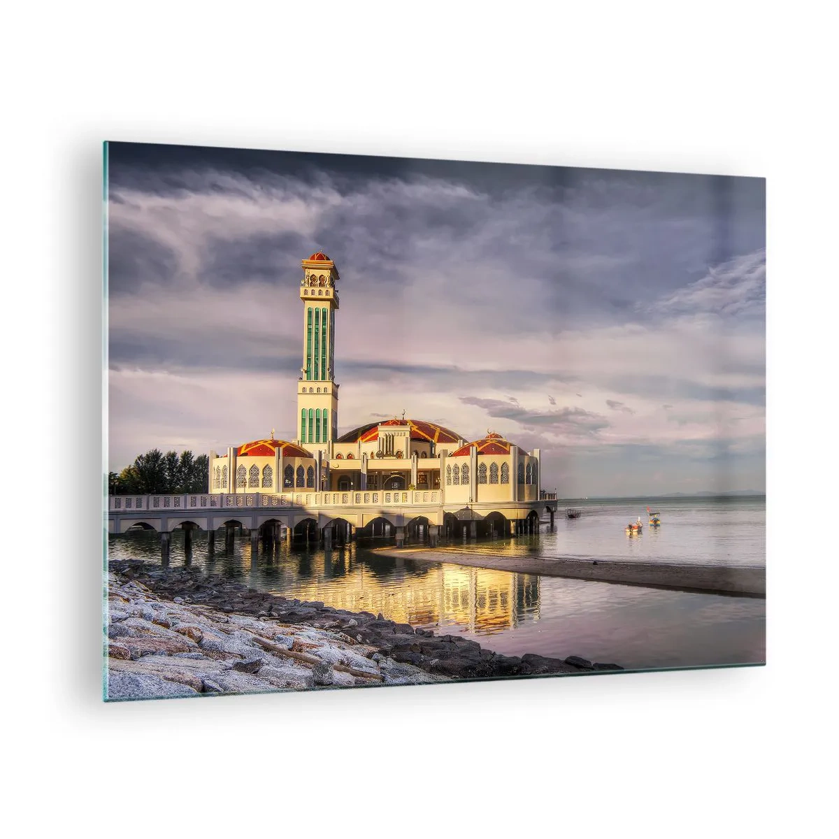 Obraz na skle - Mešita na vode v malebnom svetle - 70x50cm - Svätyňa prírody - Moderná nástenná dekorácia do obývacej izby a spálne ARTTOR
