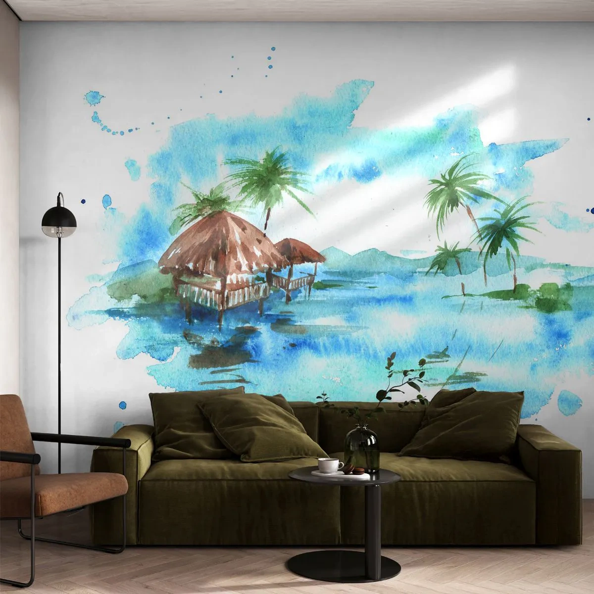 Fototapeta Standard Eco - Akvarelová ilustrácia tropických vodných domov - 100x70cm - Niekde v Pacifiku - Moderná nástenná dekorácia do obývacej izby a spálne ARTTOR