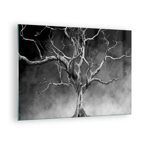Obraz na skle - Čierny strom proti hmle - 70x50cm - Pôvodné a sväté - Moderná nástenná dekorácia do obývacej izby a spálne ARTTOR