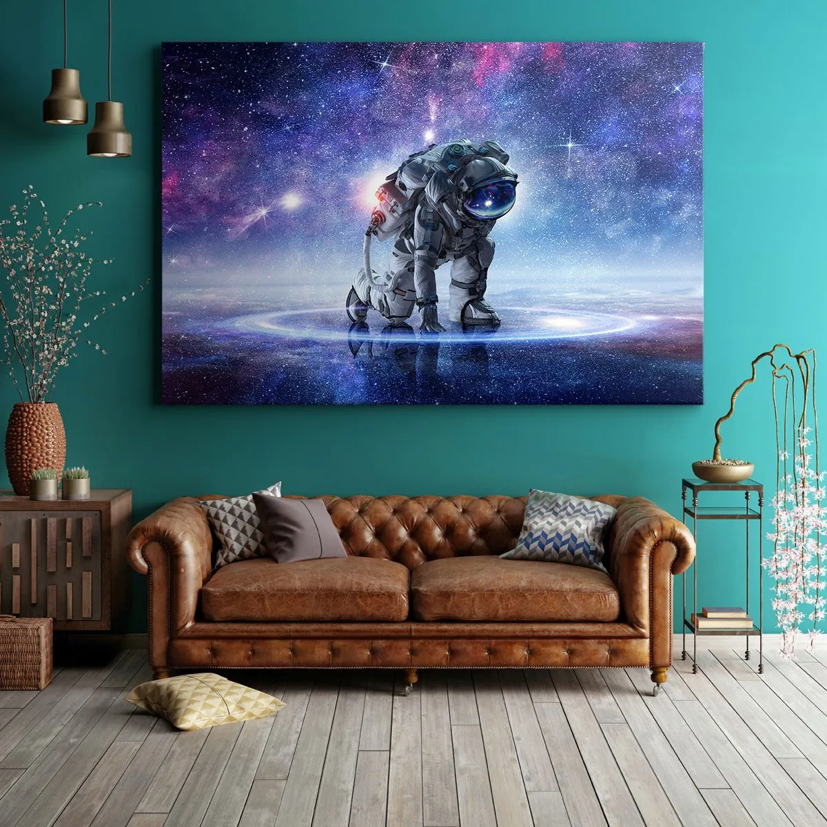 Obraz na plátne - Astronaut v galaktickej krajine - 70x50cm - Hviezdne nebo nado mnou - Moderná nástenná dekorácia do obývacej izby a spálne ARTTOR