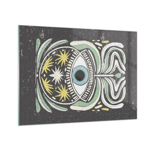Obraz na skle - Grafické oko s kmeňovou ornamentikou na tmavom pozadí - 70x50cm - Kmeňové rituály - Moderná nástenná dekorácia do obývacej izby a spálne ARTTOR