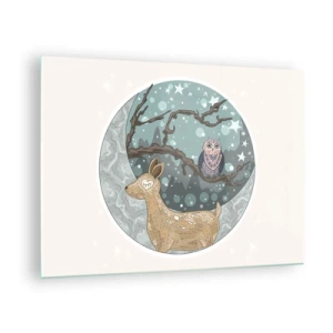 Obraz na skle - Ilustrácia jeleňa a sovy v magickom prostredí - 70x50cm - Rozprávková, lesná noc - Moderná nástenná dekorácia do obývacej izby a spálne ARTTOR