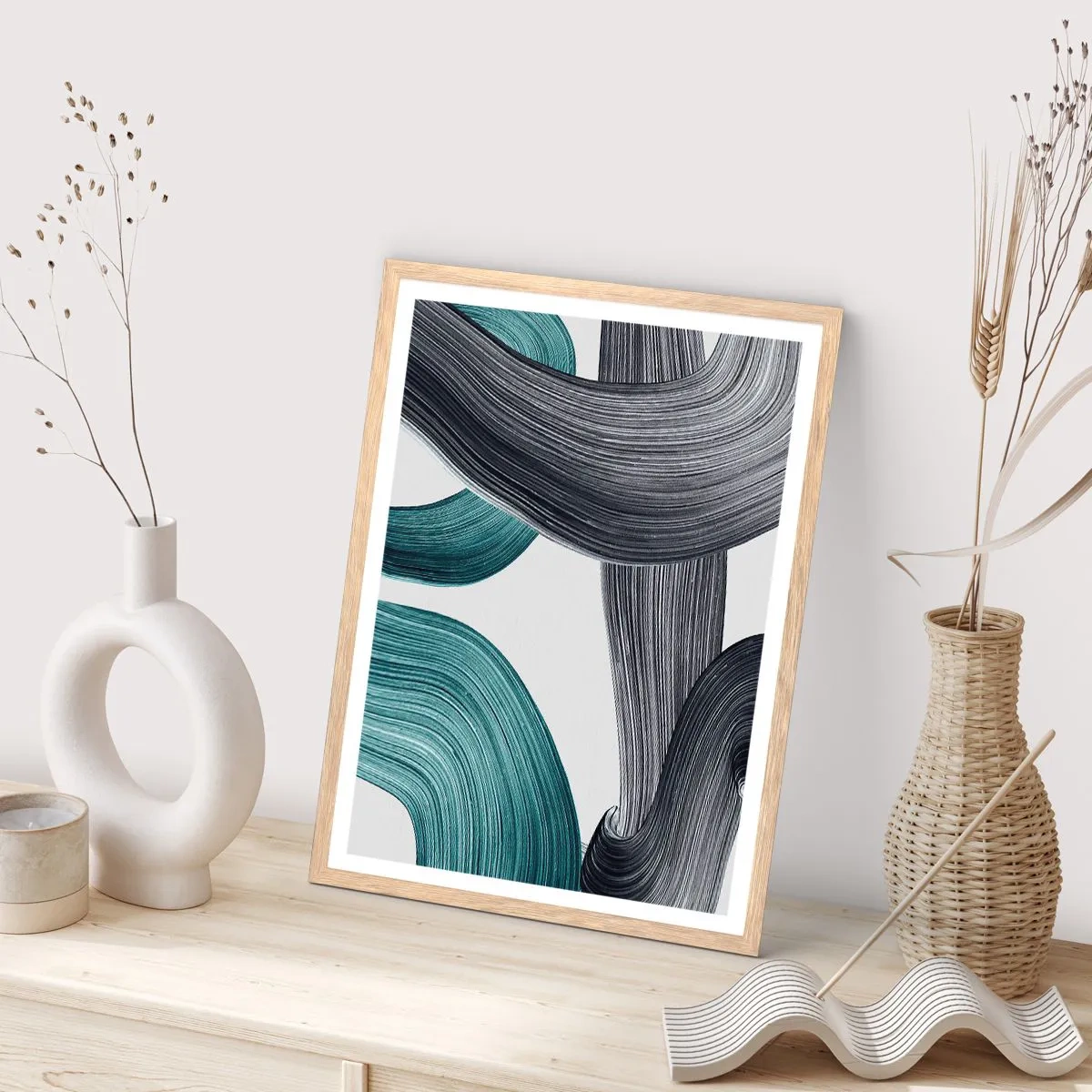 Plagát v ráme zo svetlého duba - Smaragdové a čierne vlny - 50x70 cm