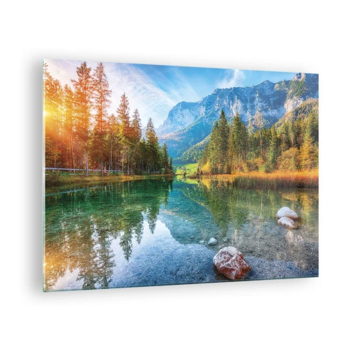 Obraz na skle - Horské jazero obklopené lesom a majestátnymi štítmi - 70x50cm - Nežnosť jesene - Moderná nástenná dekorácia do obývacej izby a spálne ARTTOR