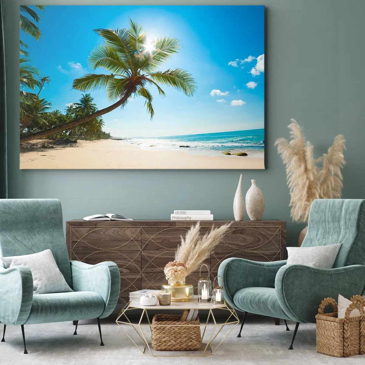 Obraz na plátne - Pláž s palmami v tropickej krajine - 70x50cm - Nikomu neukazovať - Moderná nástenná dekorácia do obývacej izby a spálne ARTTOR