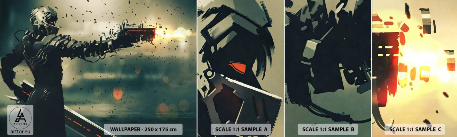 Vzorka samolepiacej fototapety Deluxe Sticker - Vražedná zbraň - tvoj vlastný terminátor - Abstrakcia, Fantázia, Budúci bojovník - 100x30 cm