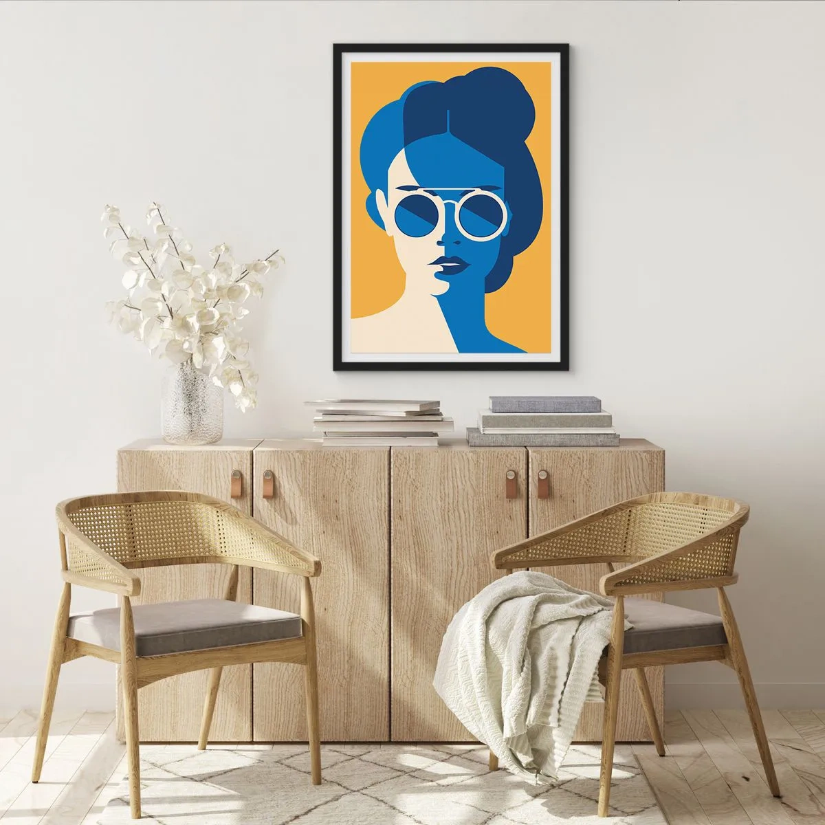 Plagát v čiernom ráme - Abstraktný portrét ženy so slnečnými okuliarmi - 50x70cm - Prázdninový look - Moderná nástenná dekorácia do obývacej izby a spálne ARTTOR