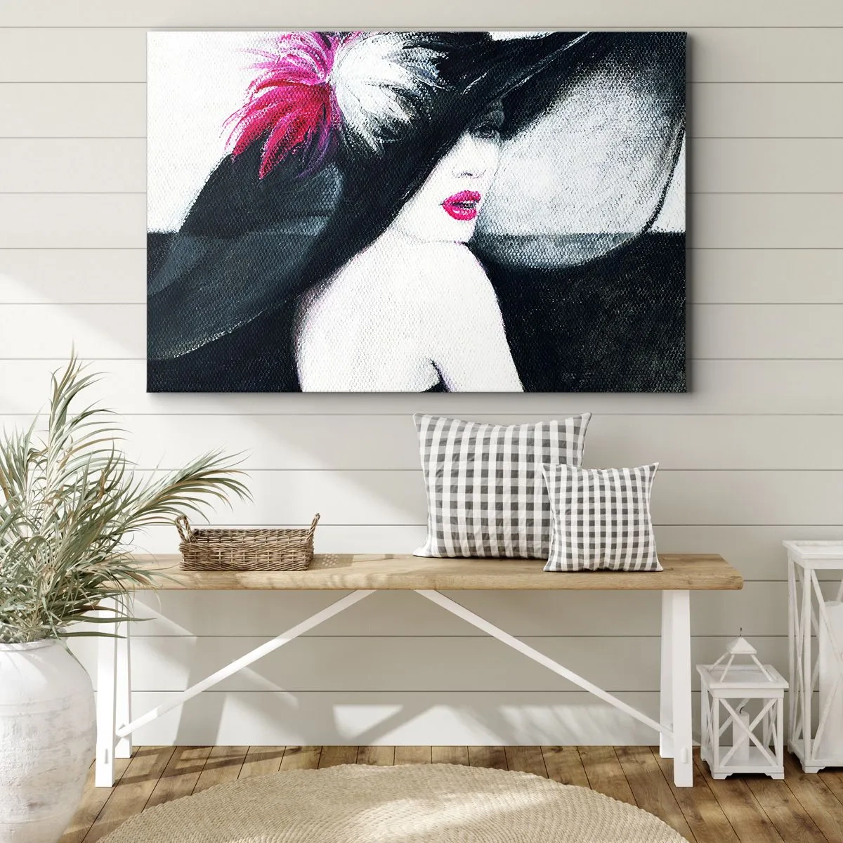 Obraz na plátne - Štýlová žena v operenom klobúku - 70x50cm - Vždy tajomstvo - Moderná nástenná dekorácia do obývacej izby a spálne ARTTOR