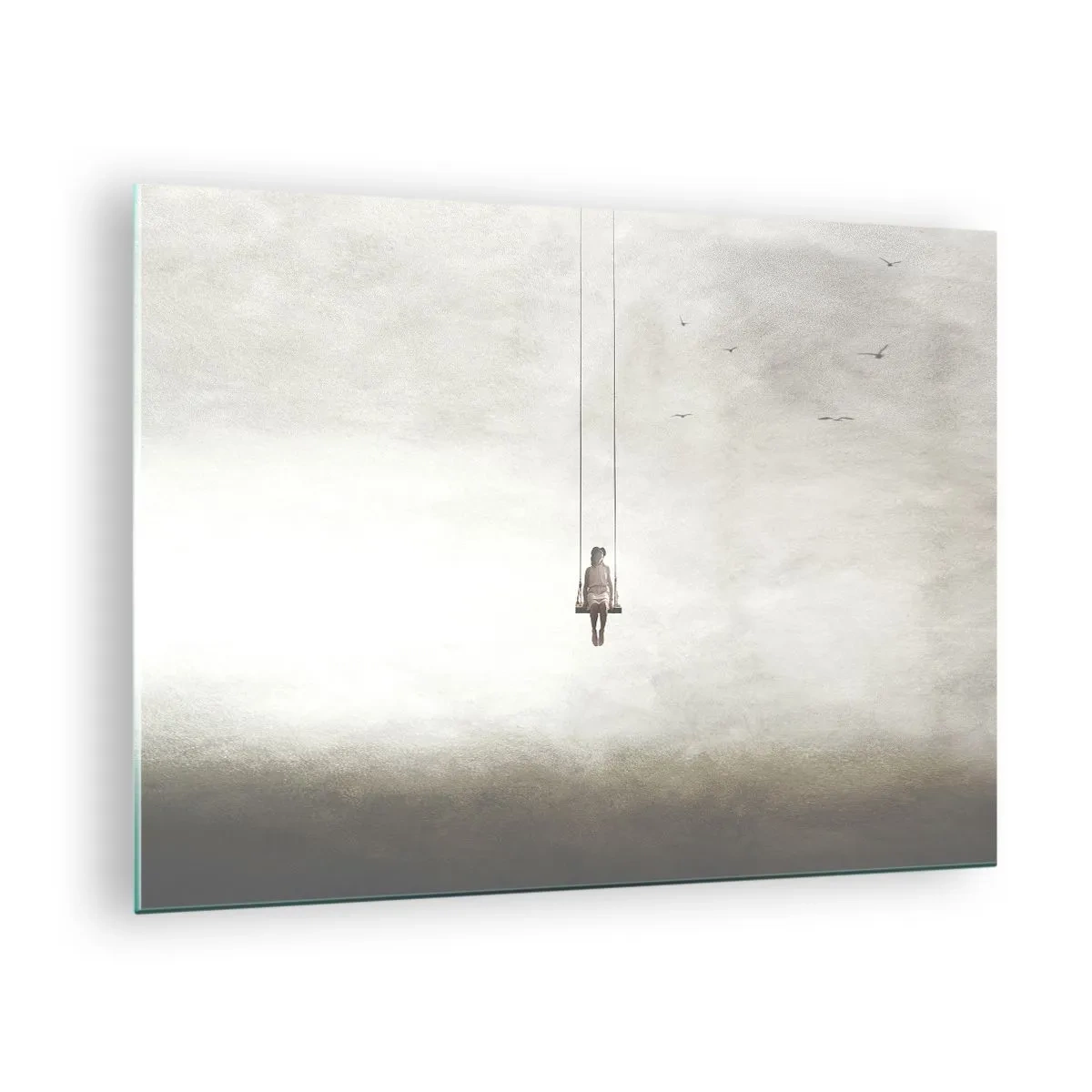 Obraz na skle - Postava na hojdačke zavesená na oblohe - 70x50cm - Dieťa v nás - Moderná nástenná dekorácia do obývacej izby a spálne ARTTOR