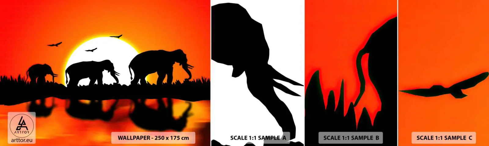 Vzorka samolepiacej fototapety Deluxe Sticker - A večer na malý drink - Zvieratá, Afriky, Slon - 100x30 cm