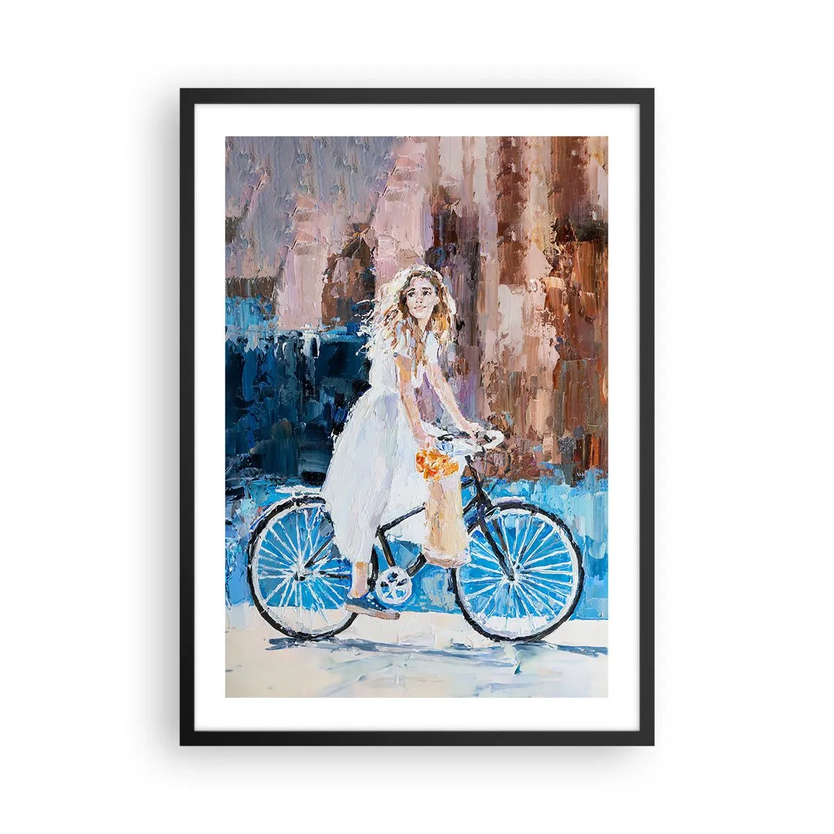Plagát v čiernom ráme - Impresionistická scéna s cyklistom - 50x70cm - Ranná radosť - Moderná nástenná dekorácia do obývacej izby a spálne ARTTOR