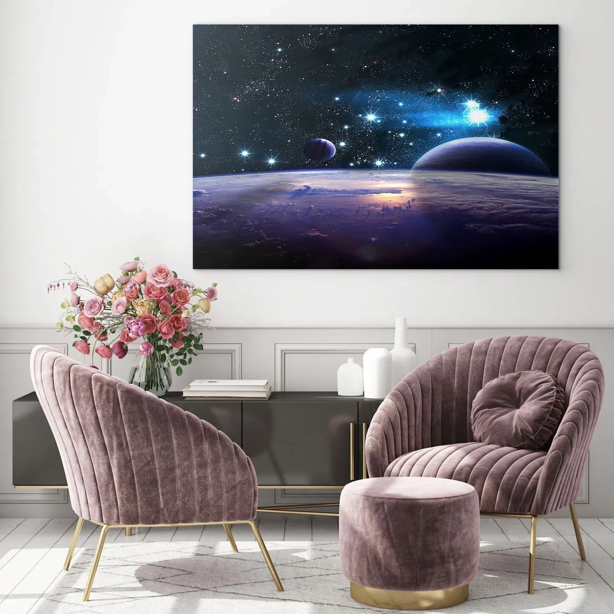 Obraz na skle - Vesmírna krajina s planétami a hviezdami na pozadí galaxie. - 70x50cm - Stále sami? - Moderná nástenná dekorácia do obývacej izby a spálne ARTTOR