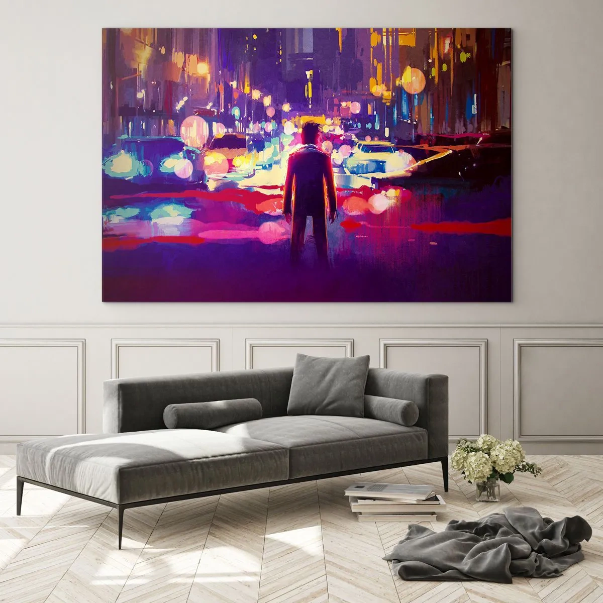 Obraz na skle - Postava vo farebnom, futuristickom štýle mestského nočného svetla - 70x50cm - Ponorený do svetla - Moderná nástenná dekorácia do obývacej izby a spálne ARTTOR