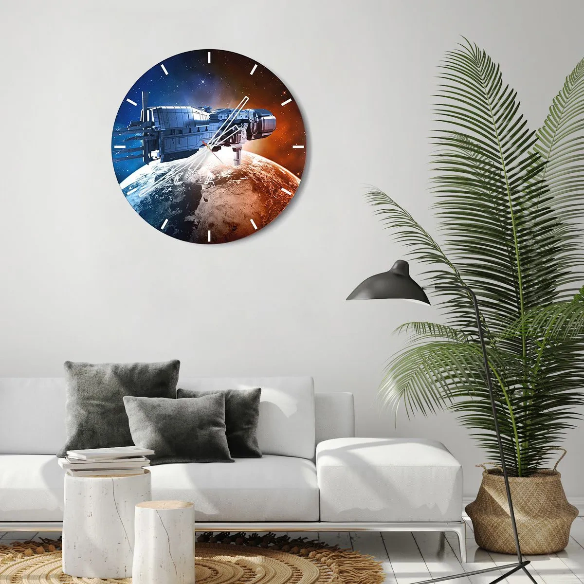 Nástenné hodiny - Ciferník hodín s motívom vesmírnej lode vznášajúcej sa nad Zemou - 30x30cm - Pozorný pozorovateľ - Moderná nástenná dekorácia do obývacej izby, kuchyne a spálne ARTTOR