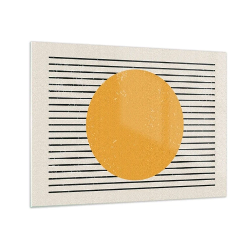 Obraz na skle - Oranžový kruh na pozadí horizontálnych čiernych čiar na béžovom pozadí. - 70x50cm - Sila jednoduchosti - Moderná nástenná dekorácia do obývacej izby a spálne ARTTOR