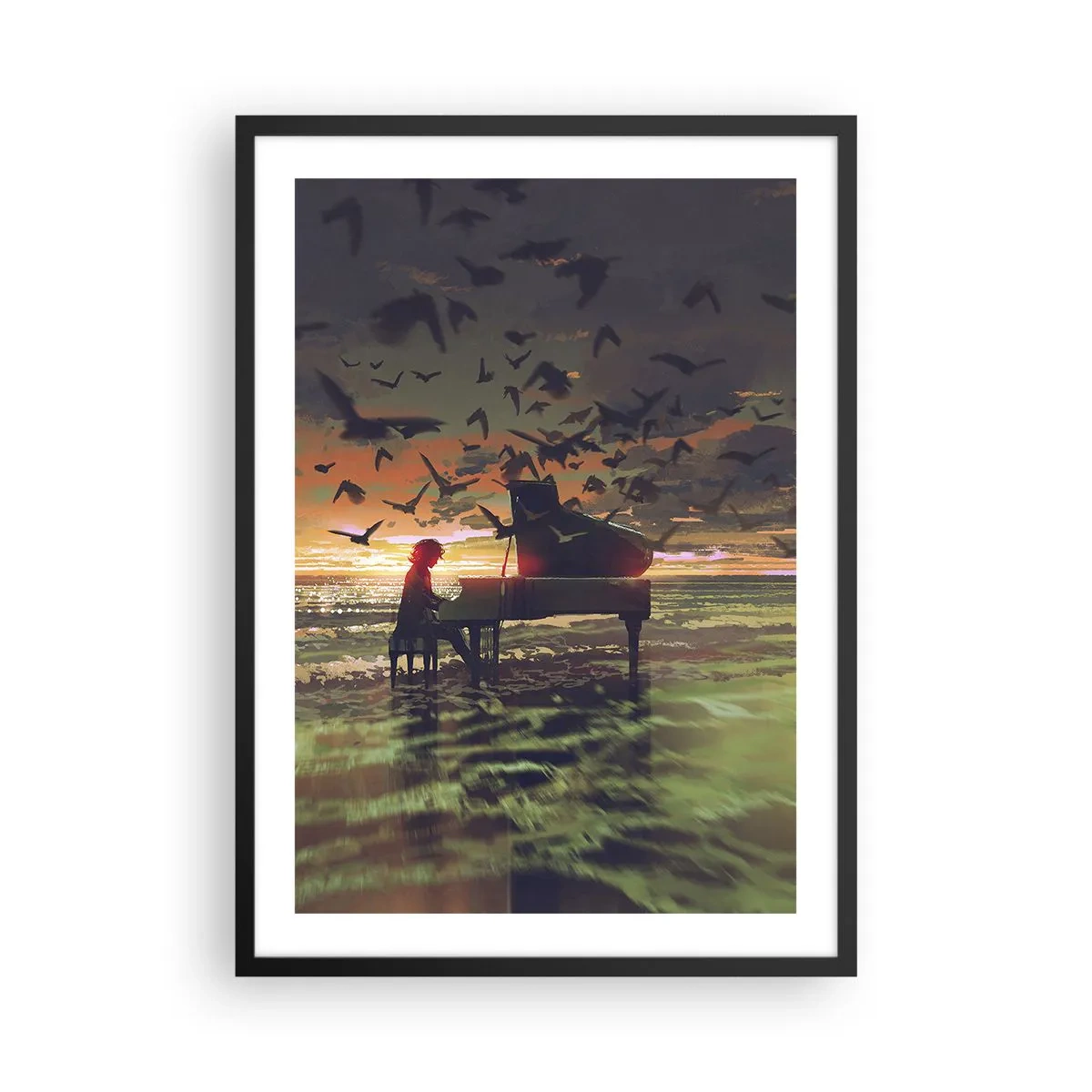Plagát v čiernom ráme - Silueta klaviristu na pozadí západu slnka - 50x70cm - Koncert na piano a vlny - Moderná nástenná dekorácia do obývacej izby a spálne ARTTOR