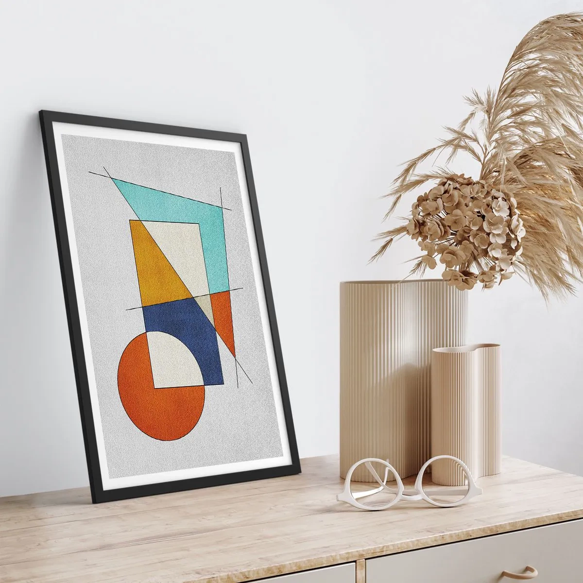 Plagát v čiernom ráme - Geometrická abstrakcia s farebnými útvarmi a čiarami - 50x70cm - Abstrakcia: modernistická zábava - Moderná nástenná dekorácia do obývacej izby a spálne ARTTOR