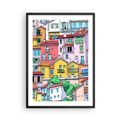 Plagát v čiernom ráme - Farebné činžiakové domy v ilustratívnom štýle - 50x70cm - Veselé mesto - Moderná nástenná dekorácia do obývacej izby a spálne ARTTOR