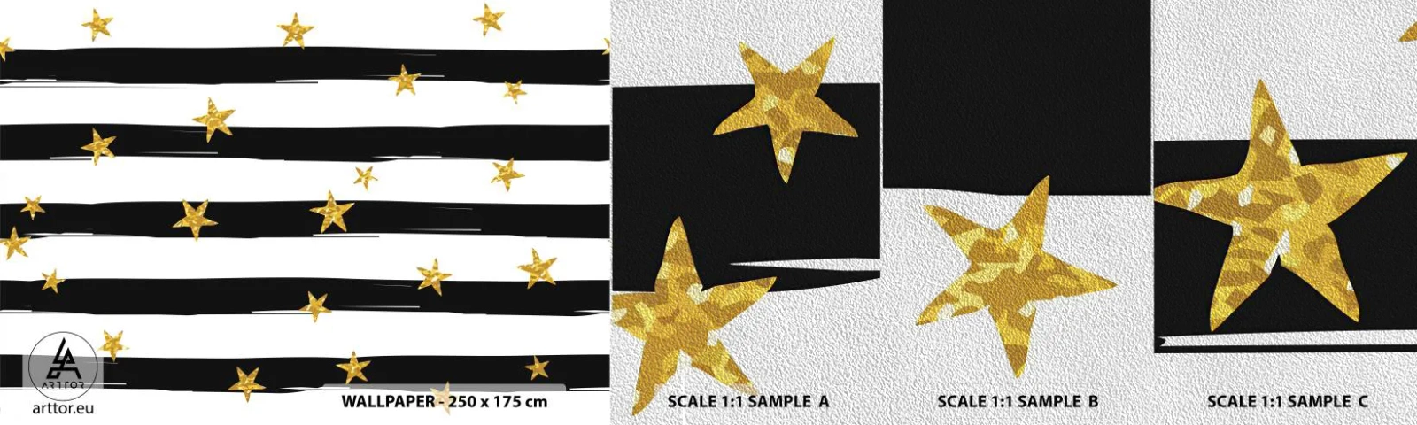 Vzorka fototapety Premium Sand - Všetci sme sa narodili pod šťastnou hviezdou - Grafika, Zlatá hviezda, Čierne a biele pruhy - 100x30 cm