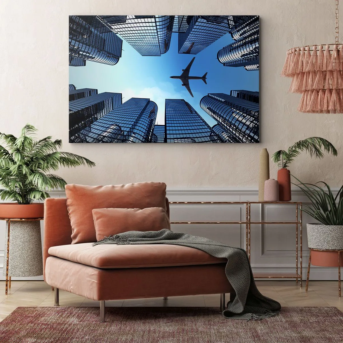 Obraz na plátne - Lietadlo letiace nad modernými mrakodrapmi v centre mesta. - 70x50cm - Pohľad zo sklenenej rokliny - Moderná nástenná dekorácia do obývacej izby a spálne ARTTOR