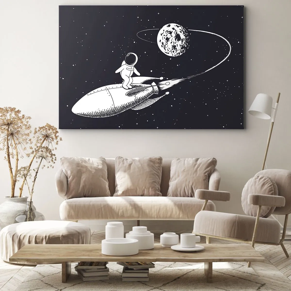 Obraz na plátne - Astronaut na rakete vo vesmíre - 70x50cm - Vesmírny surfista - Moderná nástenná dekorácia do obývacej izby a spálne ARTTOR