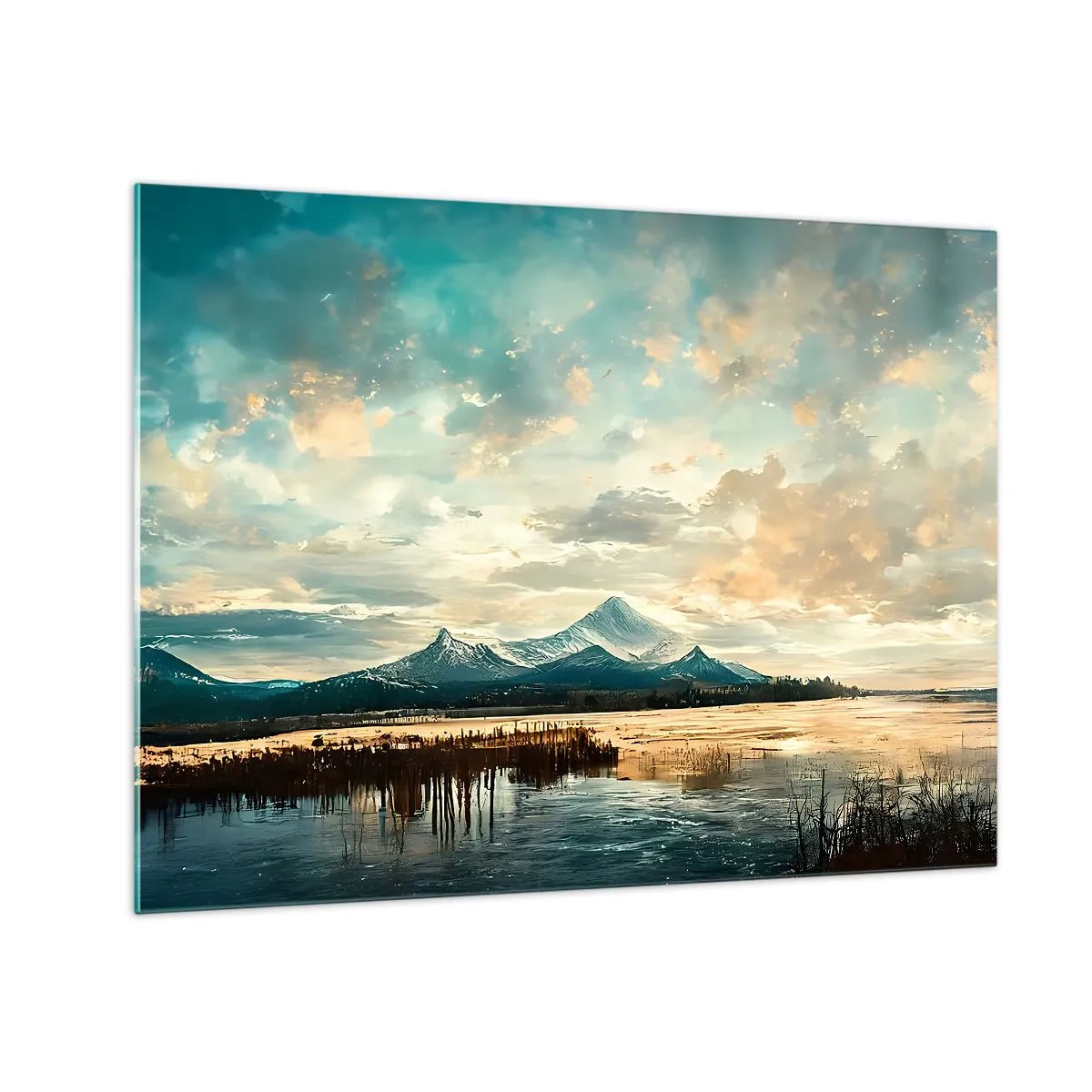 Obraz na skle - Zimná krajina s horami a zamrznutým jazerom - 70x50cm - Pod ochranou neba - Moderná nástenná dekorácia do obývacej izby a spálne ARTTOR