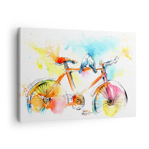 Obraz na plátne - Farebná akvarelová maľba bicykla s vtákmi sediacimi na ňom - 70x50cm - Spolu na bicykli - Moderná nástenná dekorácia do obývacej izby a spálne ARTTOR