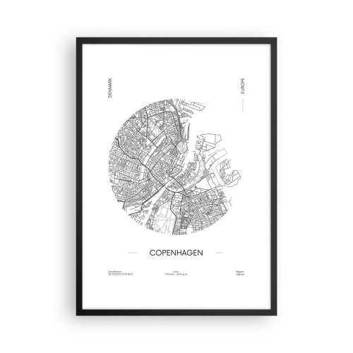 Plagát v čiernom ráme - Minimalistická mapa Kodane v čiernobielej farbe. - 50x70cm - Anatómia Kodane - Moderná nástenná dekorácia do obývacej izby a spálne ARTTOR