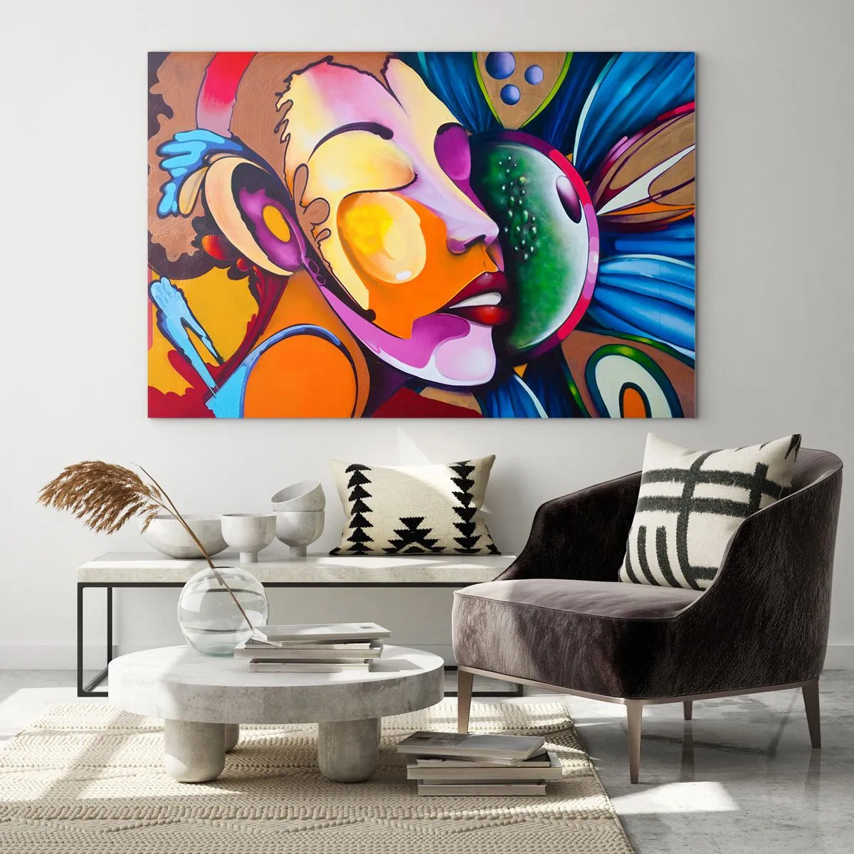 Obraz na skle - Farebná abstrakcia tvárí v štýle pouličného umenia - 70x50cm - Dotknúť sa farbou - Moderná nástenná dekorácia do obývacej izby a spálne ARTTOR