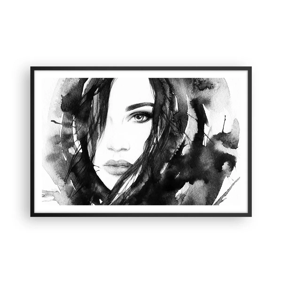 Plagát v čiernom ráme - Portrét dámy v čiernej a bielej - 91x61 cm