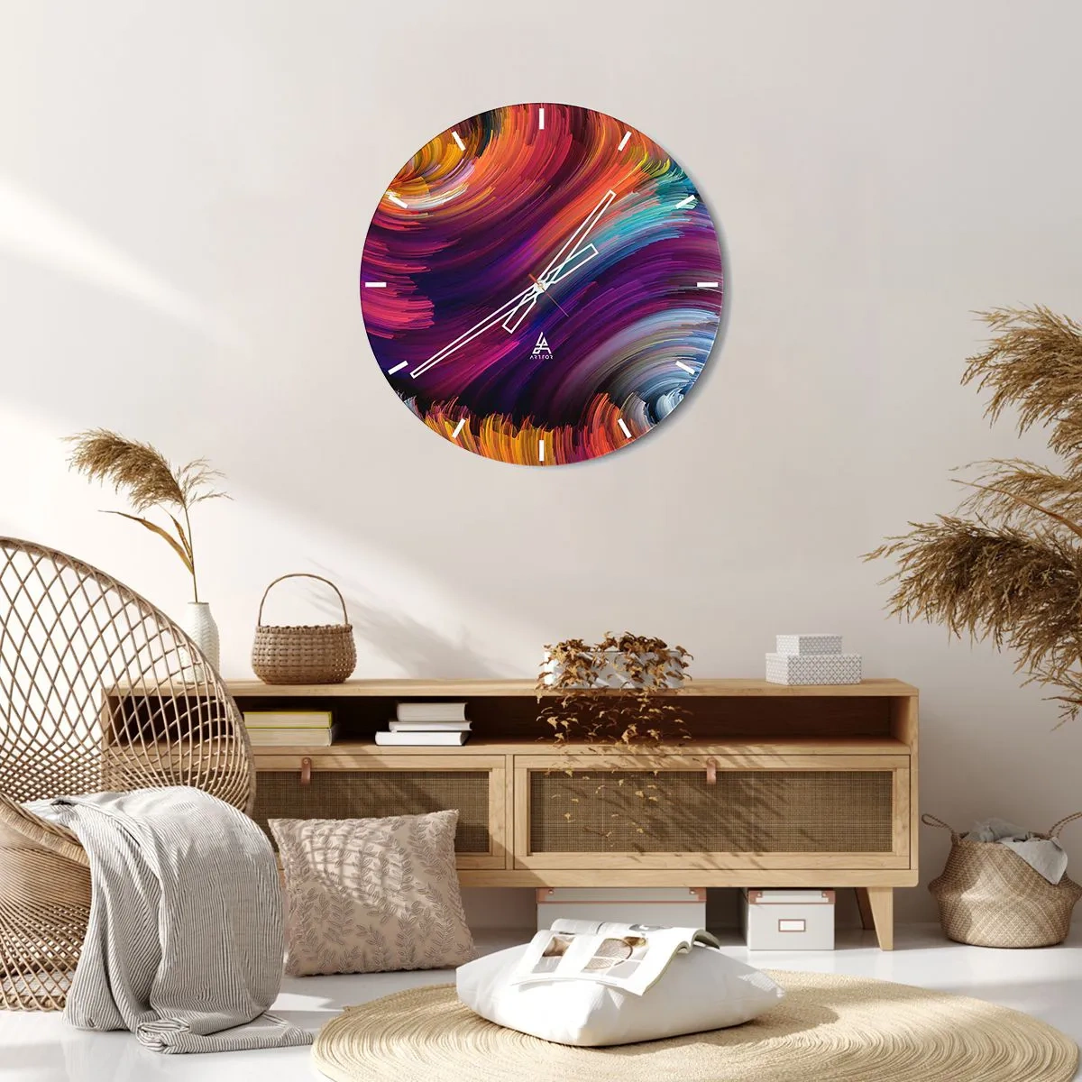 Nástenné hodiny - Abstraktný vírový motív v intenzívnych farbách - 30x30cm - Začiatok nového sveta - Moderná nástenná dekorácia do obývacej izby, kuchyne a spálne ARTTOR