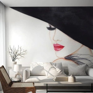 Fototapeta Premium Sand - Elegancia a zmyselnosť - Žena, červené pery, Čierny klobúk - 300x210 cm