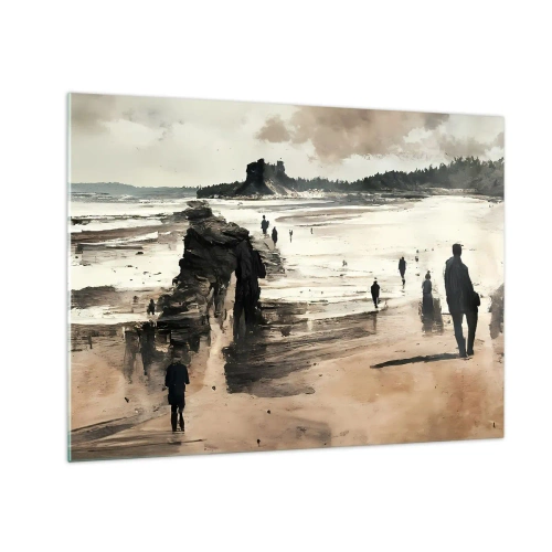 Obraz na skle - Siluety kráčajúce po širokej pláži pod zamračenou oblohou - 70x50cm - Vyvolaní - Moderná nástenná dekorácia do obývacej izby a spálne ARTTOR
