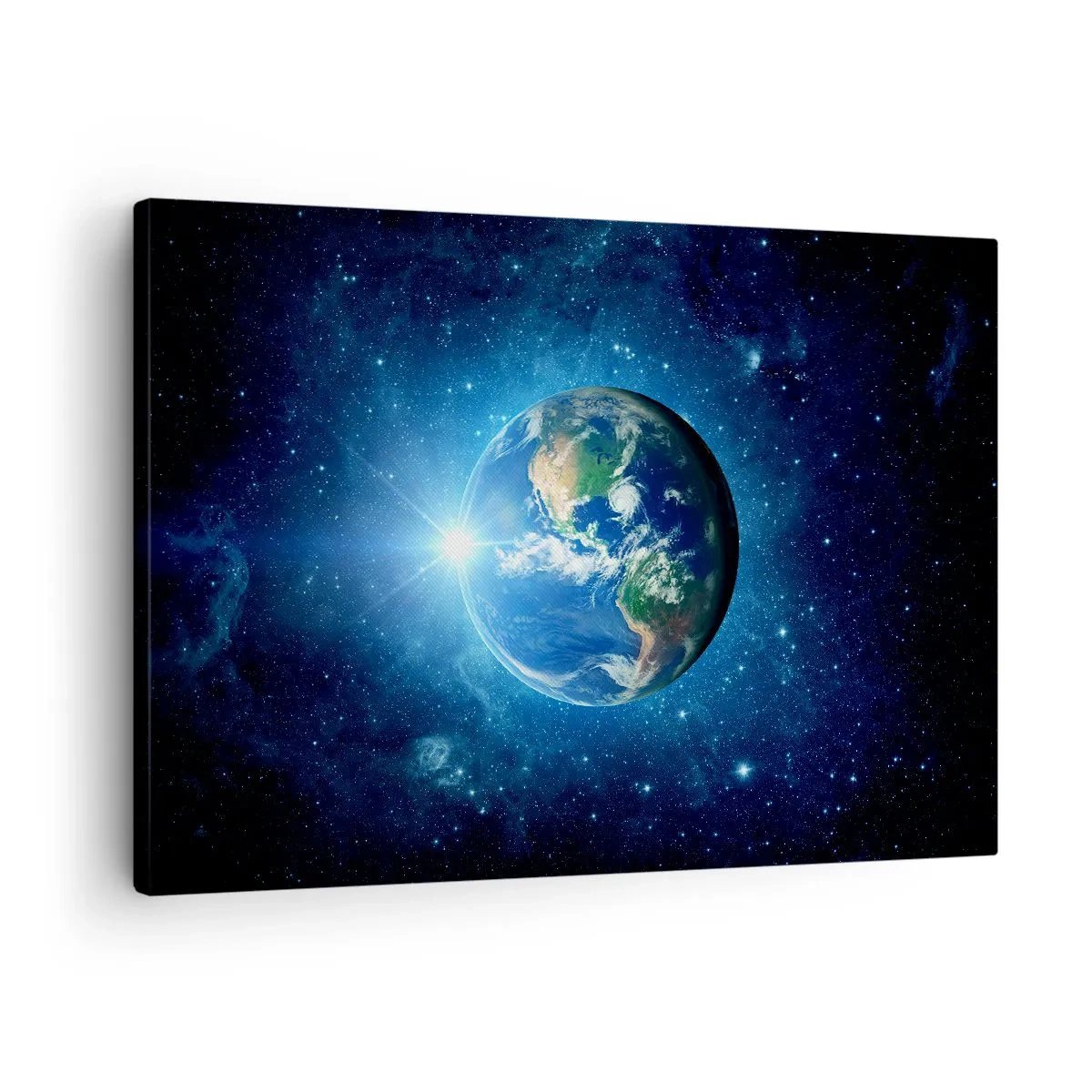 Obraz na plátne - Zem vo vesmíre obklopená hviezdami a svetlom - 70x50cm - Sme v nebi - Moderná nástenná dekorácia do obývacej izby a spálne ARTTOR
