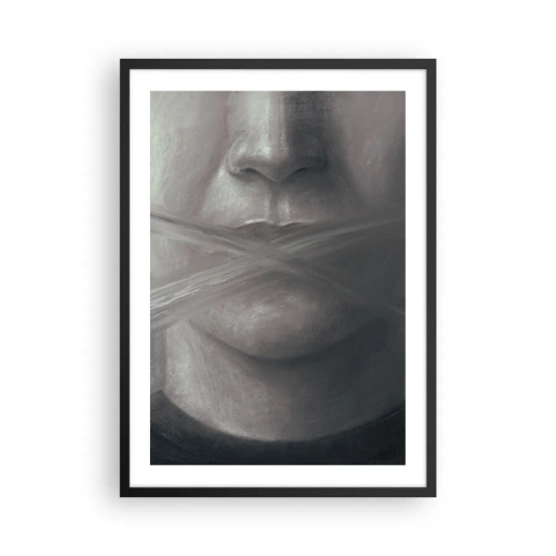 Plagát v čiernom ráme - Symbolická tvár so zakrytými ústami v monochromatických farbách. - 50x70cm - Ani slovo - Moderná nástenná dekorácia do obývacej izby a spálne ARTTOR