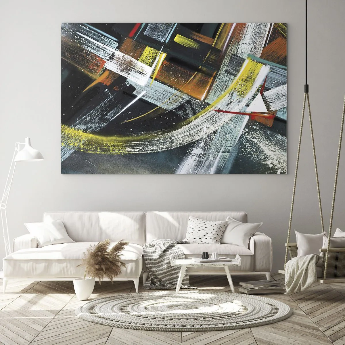 Obraz na skle - Dynamická abstrakcia s farebnými ťahmi štetcom - 70x50cm - Energia pohybu - Moderná nástenná dekorácia do obývacej izby a spálne ARTTOR