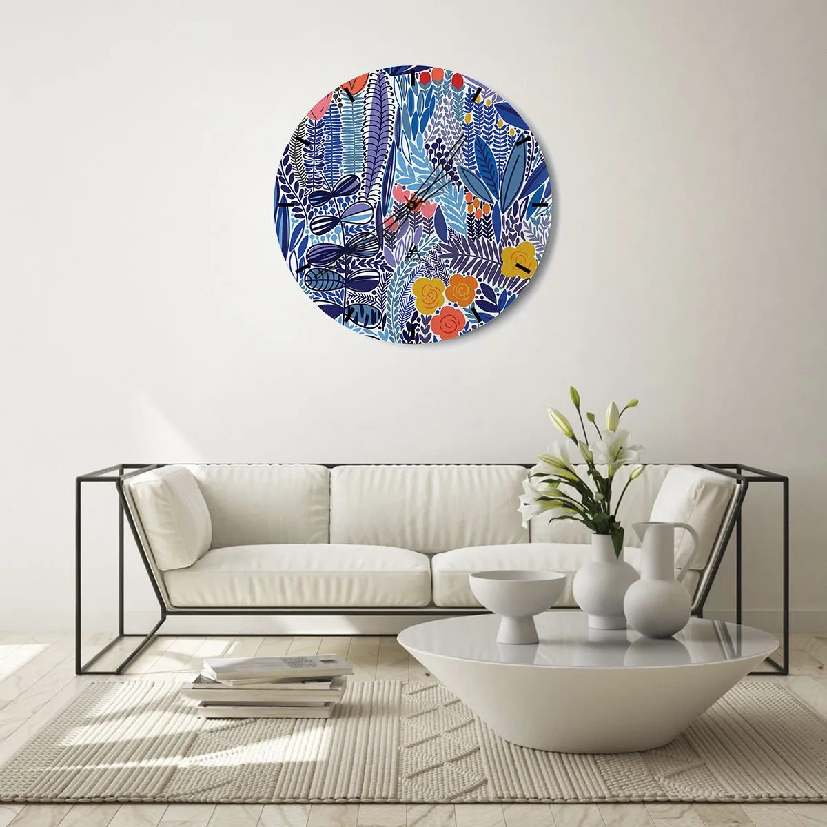 Nástenné hodiny - Farebný rastlinný motív v grafickom štýle - 30x30cm - Havajská záhrada - Moderná nástenná dekorácia do obývacej izby, kuchyne a spálne ARTTOR