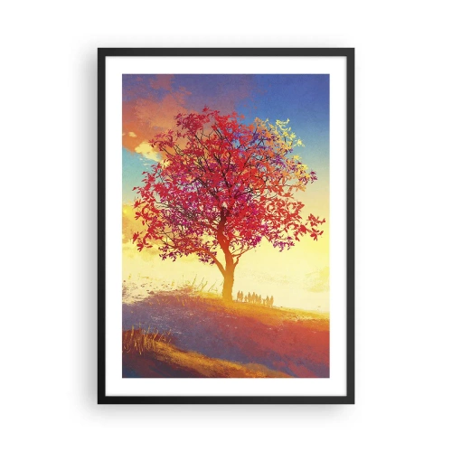 Plagát v čiernom ráme - Strom s červenými listami na pozadí zapadajúceho slnka - 50x70cm - Pútnik pri cieli - Moderná nástenná dekorácia do obývacej izby a spálne ARTTOR