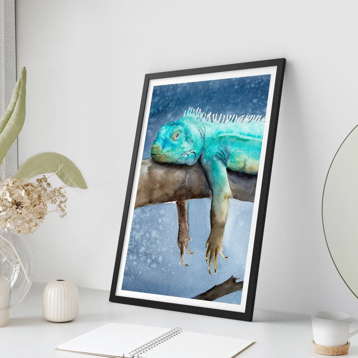 Plagát v čiernom ráme - Akvarelová maľba leguána odpočívajúceho na konári. - 50x70cm - Je fajn! - Moderná nástenná dekorácia do obývacej izby a spálne ARTTOR