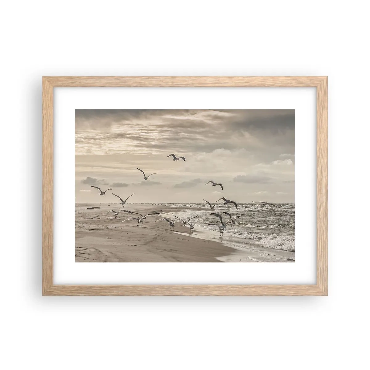 Plagát v ráme zo svetlého duba - Šumenie mora, spev vtákov - 40x30 cm
