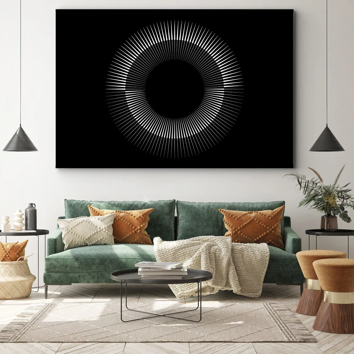 Obraz na plátne - Grafický kruh s lúčmi v čiernej a bielej farbe - 70x50cm - Čierne slnko - Moderná nástenná dekorácia do obývacej izby a spálne ARTTOR