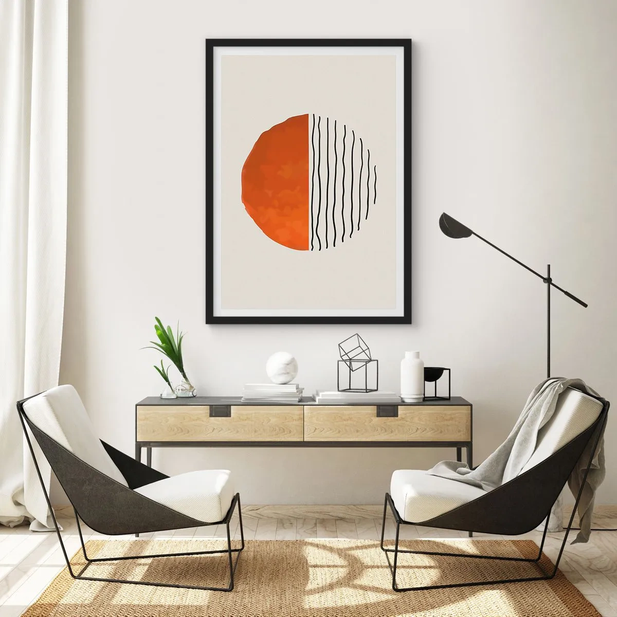 Plagát v čiernom ráme - Abstraktný kruh s oranžovou a lineárnou polovicou - 50x70cm - V japonskej atmosfére - Moderná nástenná dekorácia do obývacej izby a spálne ARTTOR