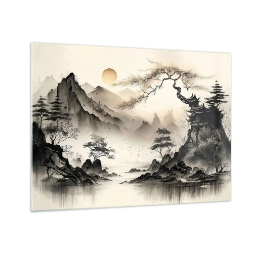 Obraz na skle - Orientálna horská krajina s pagodou a stromami - 70x50cm - Jedinečné kúzlo orientu - Moderná nástenná dekorácia do obývacej izby a spálne ARTTOR