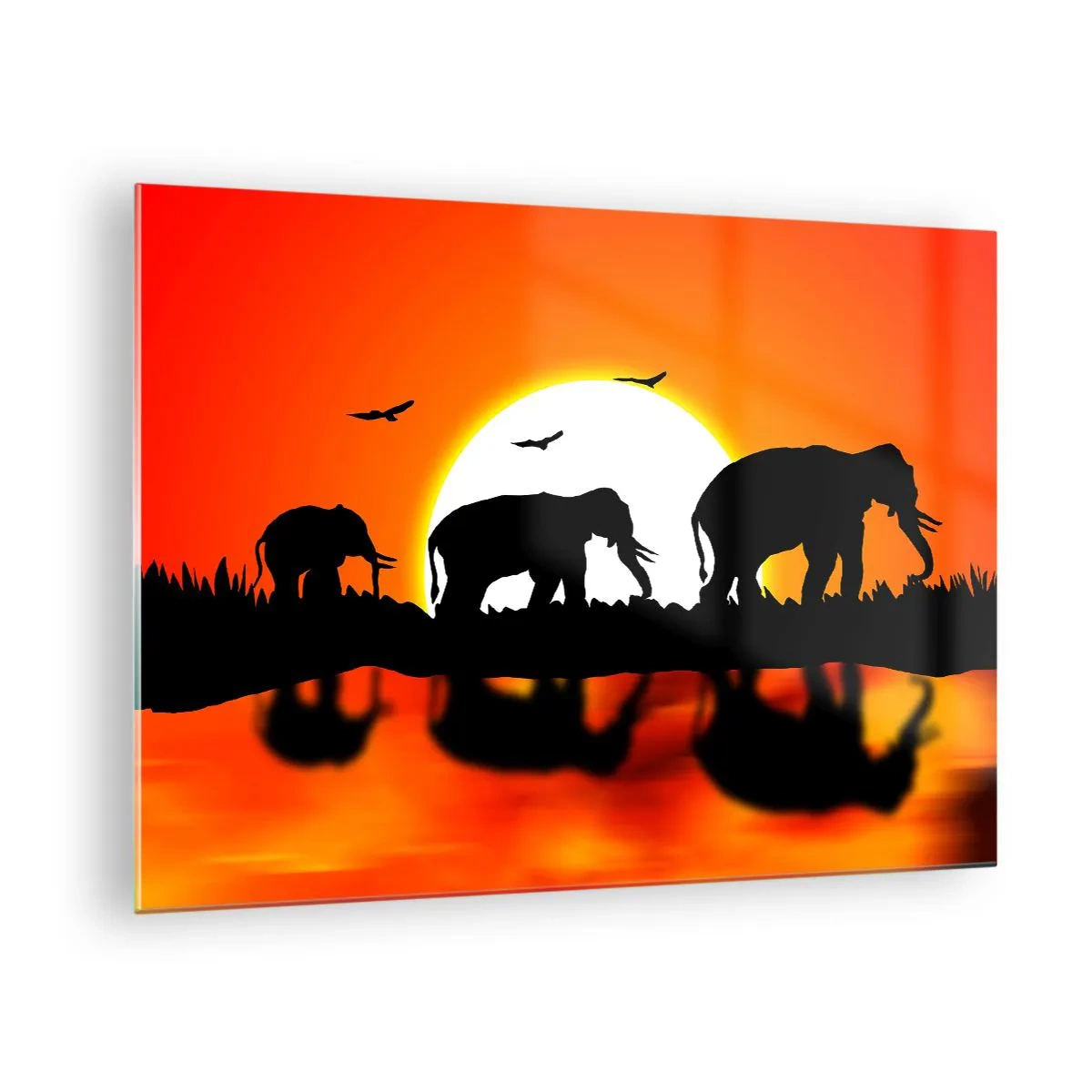 Obraz na skle - Siluety slonov proti zapadajúcemu slnku - 70x50cm - A večer na malý drink - Moderná nástenná dekorácia do obývacej izby a spálne ARTTOR