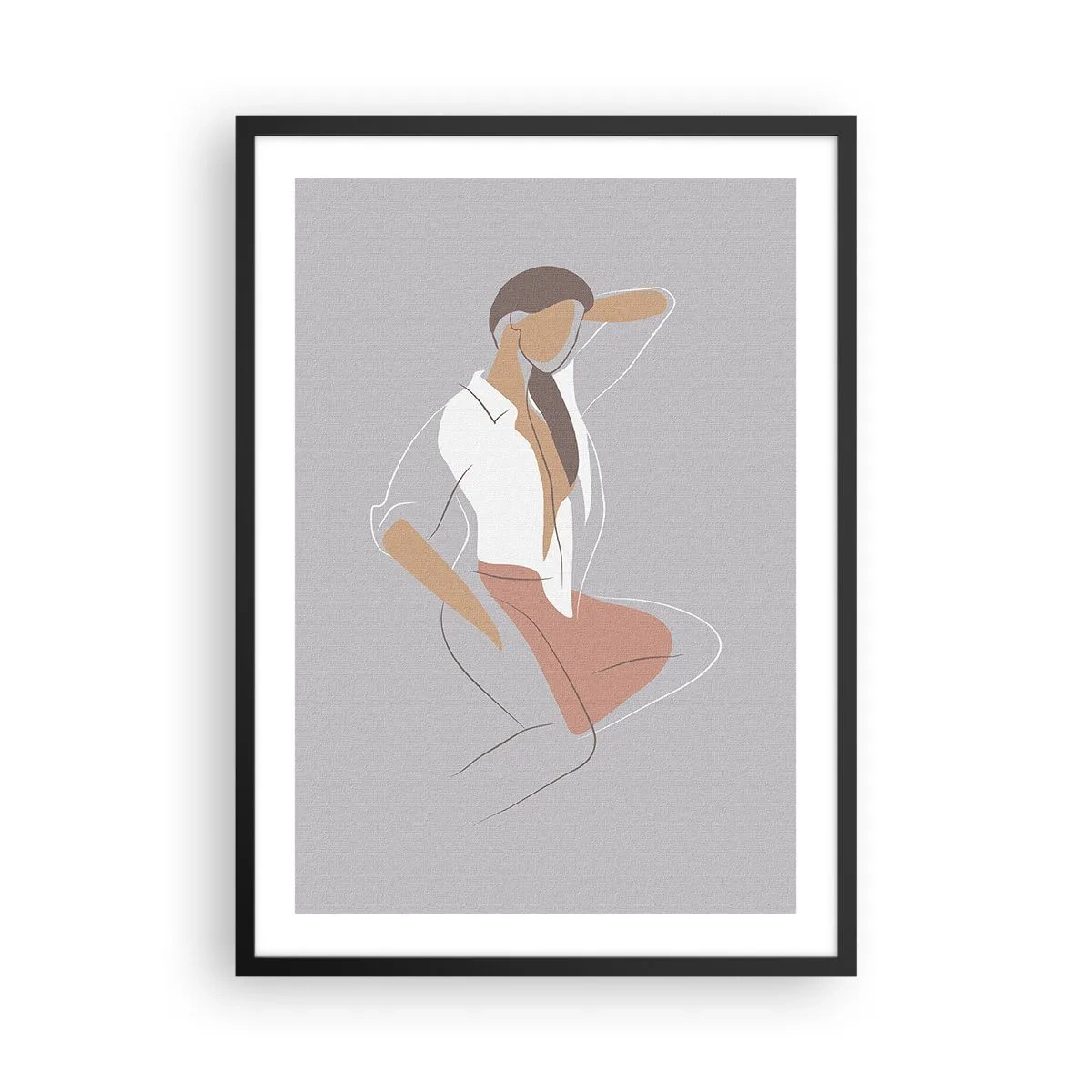 Plagát v čiernom ráme - Minimalistická silueta ženy na sivom pozadí - 50x70cm - Obrys pôvabu - Moderná nástenná dekorácia do obývacej izby a spálne ARTTOR