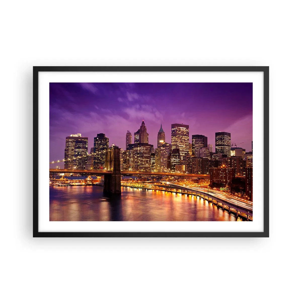 Plagát v čiernom ráme - Fialovo-zlatý Manhattan - 70x50 cm
