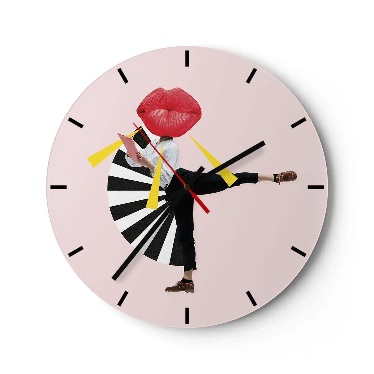 Nástenné hodiny - Postava s hlavou v tvare úst v dynamickej pop-artovej kompozícii - 30x30cm - Surrealistický pop-art - Moderná nástenná dekorácia do obývacej izby, kuchyne a spálne ARTTOR
