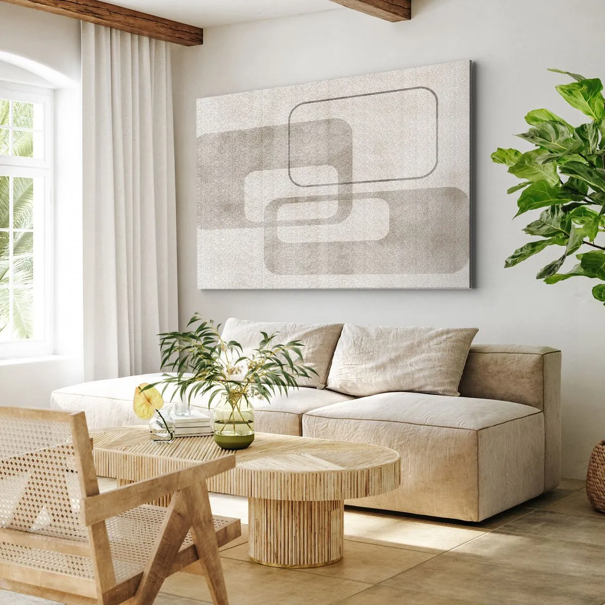 Obraz na plátne - Minimalistická kompozícia s obdĺžnikmi v béžových odtieňoch na jemnom pozadí. - 70x50cm - Geometrická fúga - Moderná nástenná dekorácia do obývacej izby a spálne ARTTOR